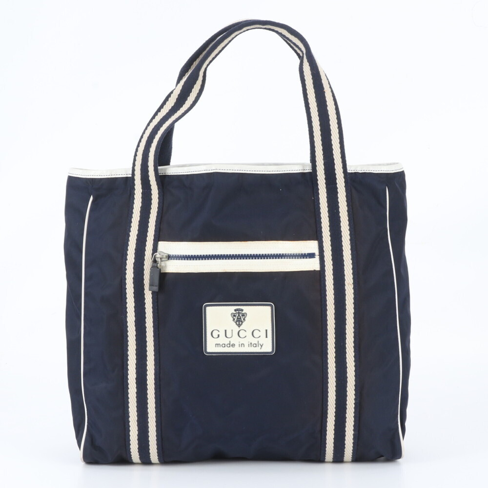 Gucci 189665 Leather Nylon Tote Bag Handbag Shoulder Navy Blue Men's